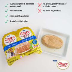 INABA Churu Entrée vasito abierto mostrando paté suave, fácil de servir