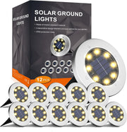 INCX front view of 12-pack outdoor solar lights showing warm white glow and packaging benefit
