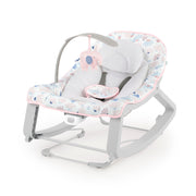 Ingenuity front view of bouncer showing neutral Pink Burst and compact frame for easy placement