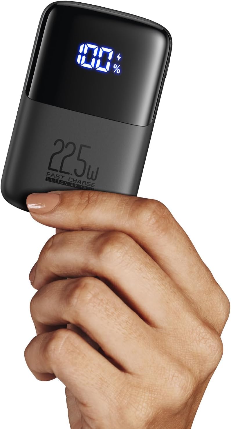 INIU power bank front view showing compact profile and brand logo, reliable portable power