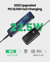INIU power bank side profile highlighting ultra-thin design for easy pocket carry