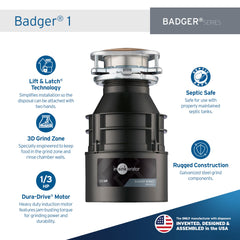 InSinkErator Badger 1 detalle del motor Dura-Drive para durabilidad y potencia
