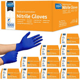 Inspire box front view showing cobalt blue exam gloves and branding for clear identification and quick stocking