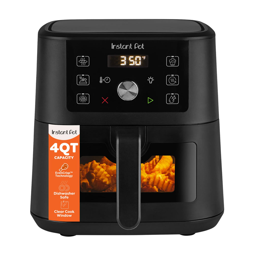 Instant Pot VORTEX front view showing compact black finish and accessible handle benefit space-saving