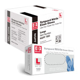 Intco caja frontal de guantes nitrilo azul mostrando cantidad y tallas