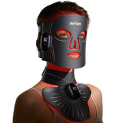 INTEO front view mask on stand showing full-face coverage and easy storage benefit