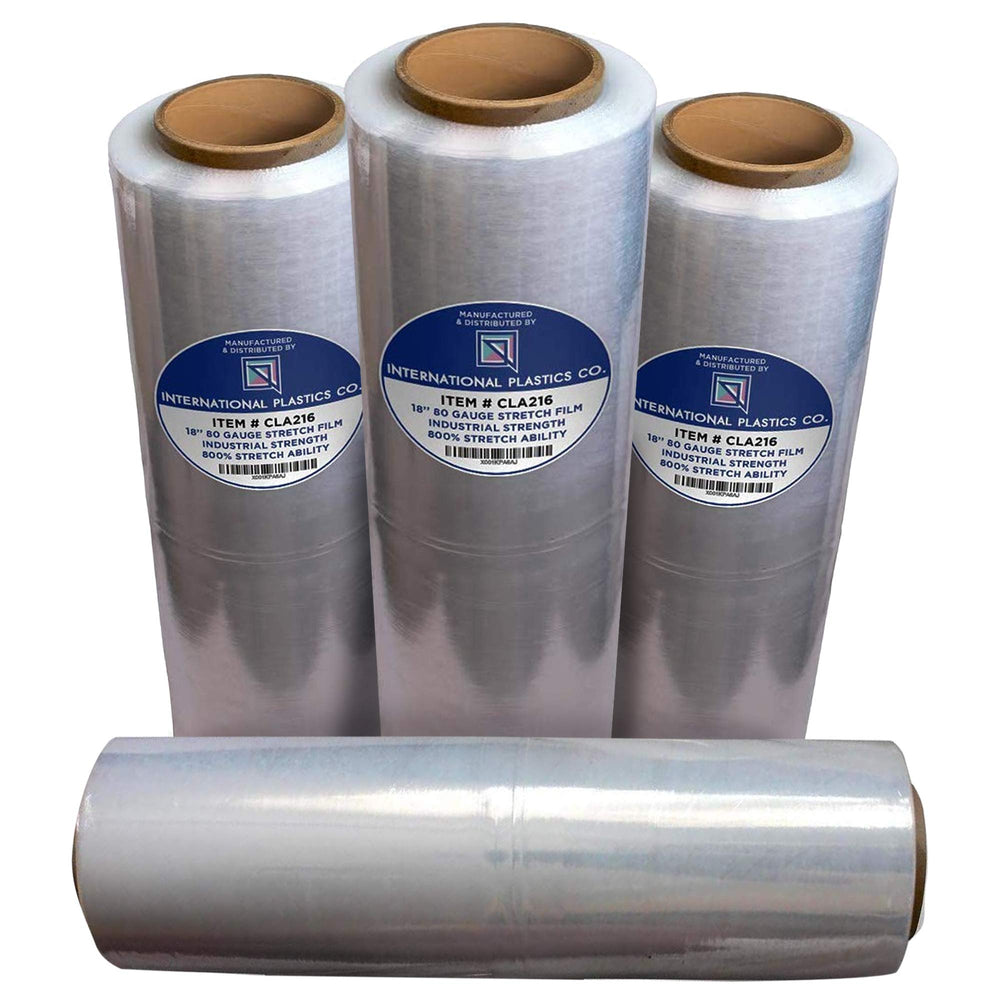 International Plastics Co. clear front packaging showing four 18 inch rolls and label benefit