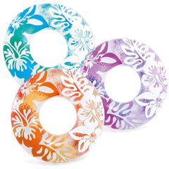 Intex flotador frontal empaquetado mostrando los colores surtidos y uso recreativo