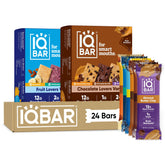 IQBAR front box showing fruit and chocolate variety and low sugar benefits