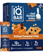 IQBAR front package showing salted caramel chip flavor and low-sugar badge for clarity
