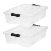 IRIS USA clear storage bin front view showing contents and stackability benefit