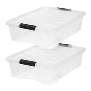 IRIS USA clear storage bin front view showing contents and stackability benefit