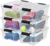 IRIS USA front view of 6-pack clear bins showing compact stacking benefit