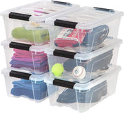 IRIS USA front view of 6-pack clear bins showing compact stacking benefit