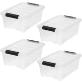 IRIS USA clear front view of four stacked bins showing organized contents and visibility