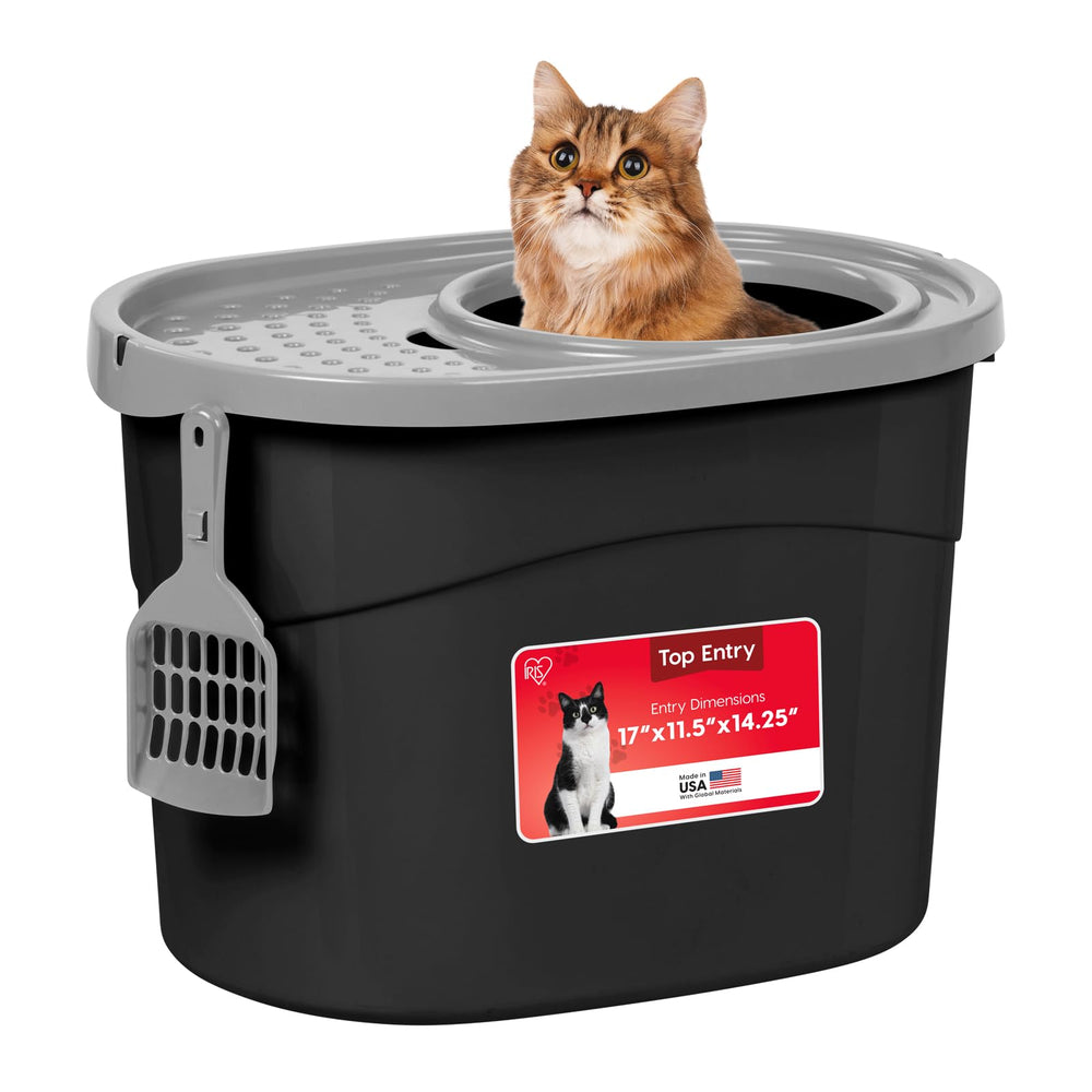 IRIS USA front view of hooded litter box showing privacy and contained mess benefit