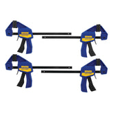 IRWIN Quick-Grip vista frontal del paquete de cuatro mostrando abrazaderas y color azul, utilidad inmediata
