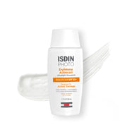 ISDIN frasco frontal mostrando protección facial SPF 50+ y beneficio de cobertura