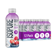 Isopure clear protein water front packaging showing mixed berry bottle and branding for portable protein