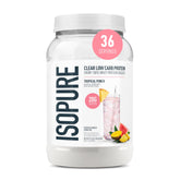 Isopure tropical punch front packaging showing clear whey benefits