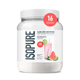 Isopure clear whey front packaging showing watermelon lime and benefits