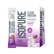 Isopure front packaging showing Mixed Berry stick pack benefits