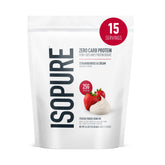 Isopure bag front showing Strawberries & Cream flavor and benefits