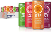 IZZE frente del pack mostrando las cuatro latas y variedad de sabores