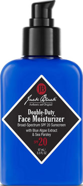 Jack Black front packaging of double-duty moisturizer showing SPF 20 and daily hydration benefit