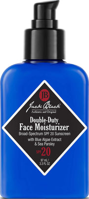 Jack Black front packaging of double-duty moisturizer showing SPF 20 and daily hydration benefit