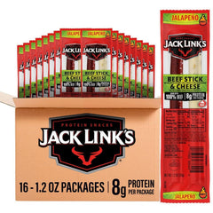 Jack Link's paquete frontal del combo jalapeño y queso mostrando envases listos para llevar