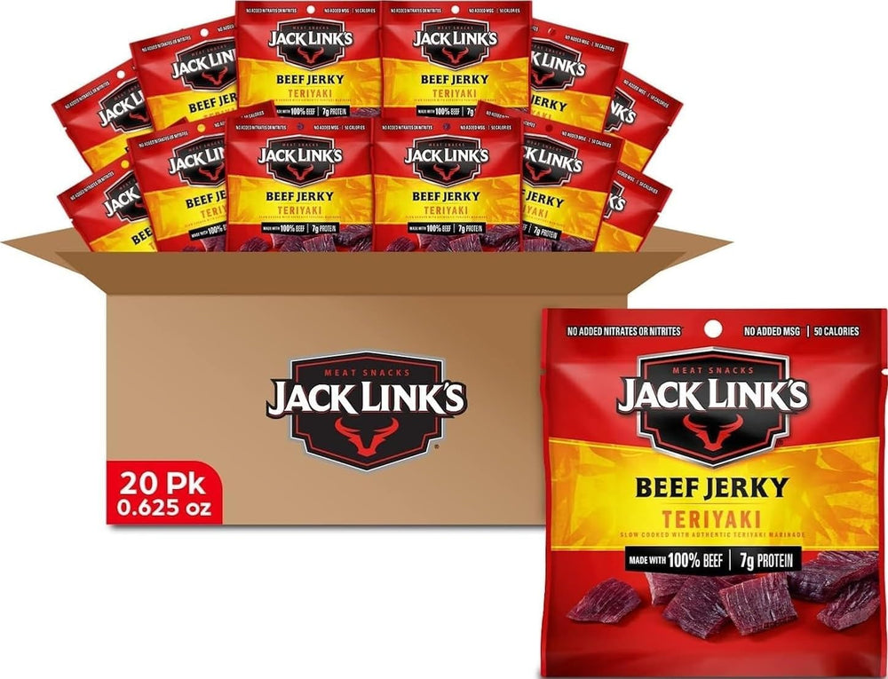 Jack Link's frente del paquete teriyaki, muestra claridad del producto y conveniencia