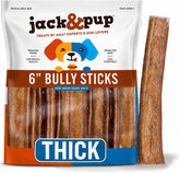 Jack&Pup front packaging showing five 6-inch bully sticks and resealable bag benefit freshness