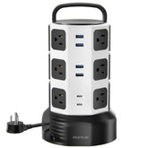 JACKYLED tower front view showing all outlets and organized benefits
