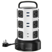 JACKYLED tower front view showing all outlets and organized benefits