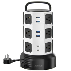 JACKYLED tower front view showing all outlets and organized benefits
