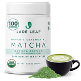 Jade Leaf front tin showing branding and organic label, highlights premium quality