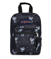 JanSport vista frontal con cremallera y bolsillo, mantiene orden y acceso rápido