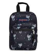 JanSport vista frontal con cremallera y bolsillo, mantiene orden y acceso rápido