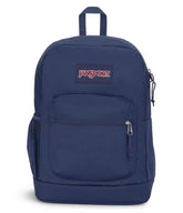 JanSport vista frontal navy mostrando compartimentos y diseño resistente