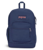 JanSport vista frontal navy mostrando compartimentos y diseño resistente