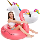 Jasonwell front view of unicorn and flamingo floats showing bright designs and fun