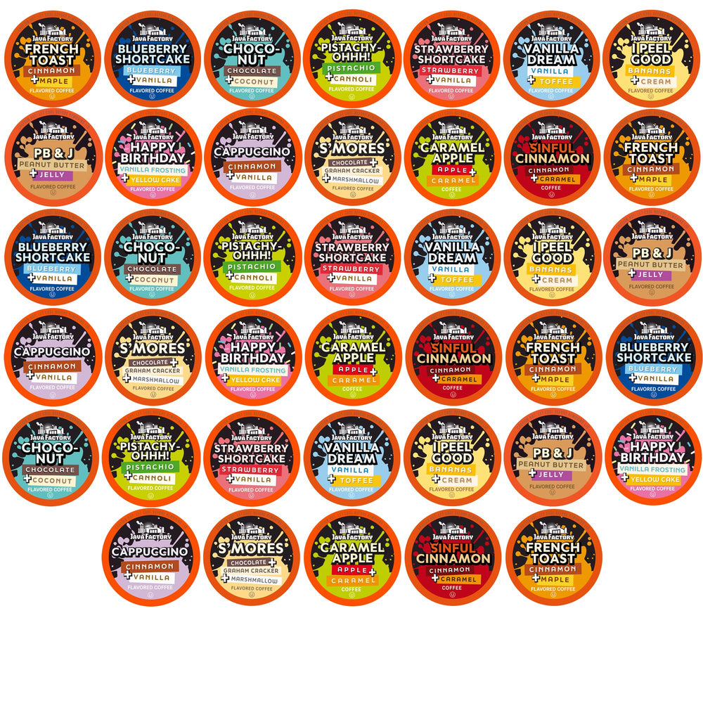 Java Factory front packaging showing the 40-count variety pack with clear branding and assortment