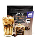 Javvy Chocolate Mocha front packaging showing product and servings for convenience