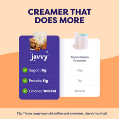 Javvy close-up of creamer powder texture highlighting smooth mixability