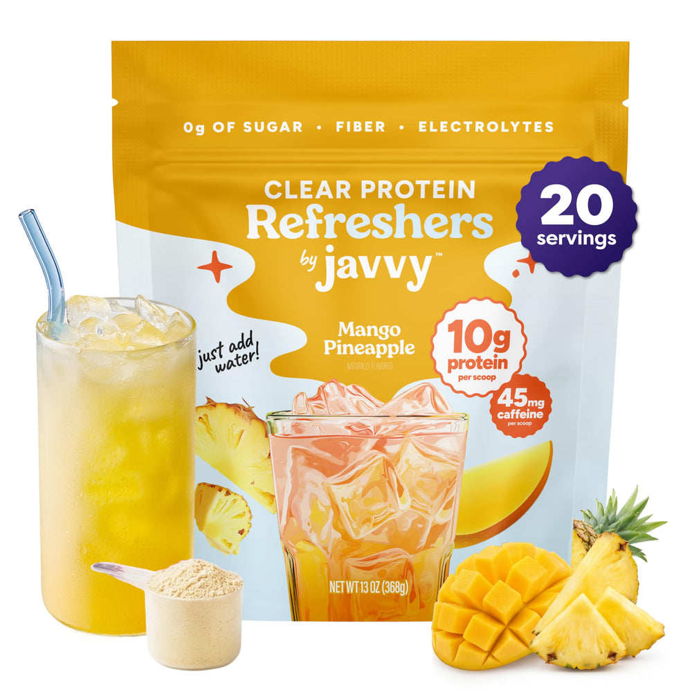 Envase Javvy Clear Protein piña mango mostrando diseño y beneficio refrescante