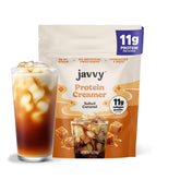 Javvy front packaging showing salted caramel creamer and benefits
