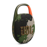 JBL Clip 5 Camo front view showing compact speaker and grille, ideal for clear sound