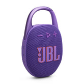 JBL Clip 5 front view in purple showing compact speaker and controls for portable sound