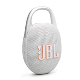 JBL Clip 5 front view in white showing compact speaker and clear JBL sound